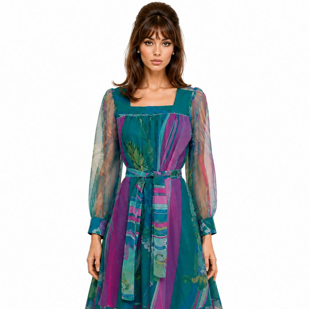 Unique 1970s Chiffon Day Dress