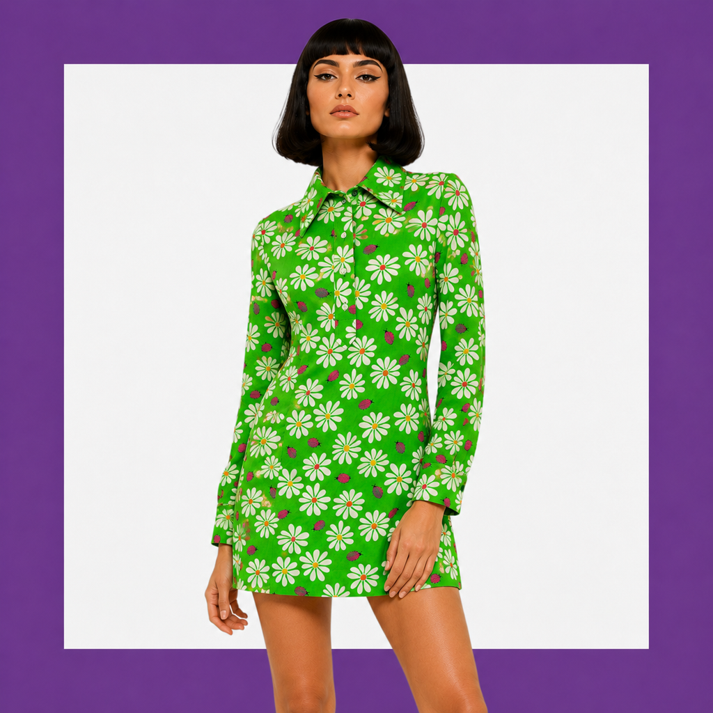 Vintage 1960s mod mini dress with green daisy and ladybird print and pointed dagger collar